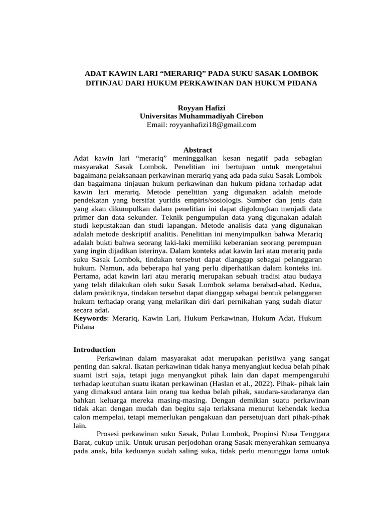 Adat Merariq Suku Sasak: Hukum dan Tradisi | PDF