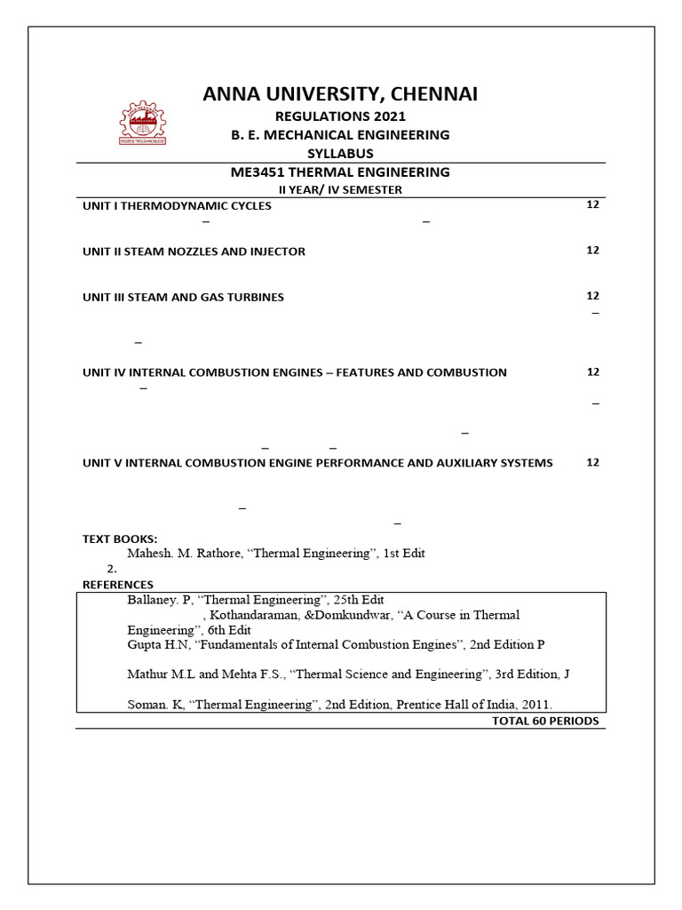 Anna University Thermal Engineering Syllabus | PDF