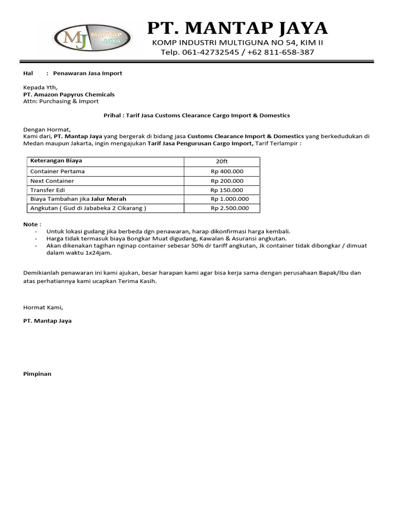 Penawaran Tarif Jasa Import Cargo | PDF