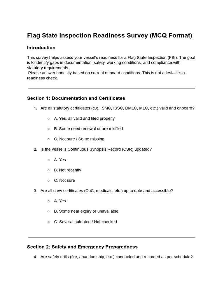 Flag State Inspection Readiness Survey | PDF
