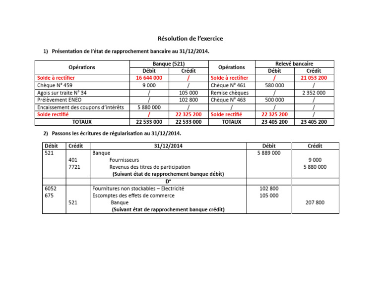 Rapprochement bancaire et écritures 2014 | PDF
