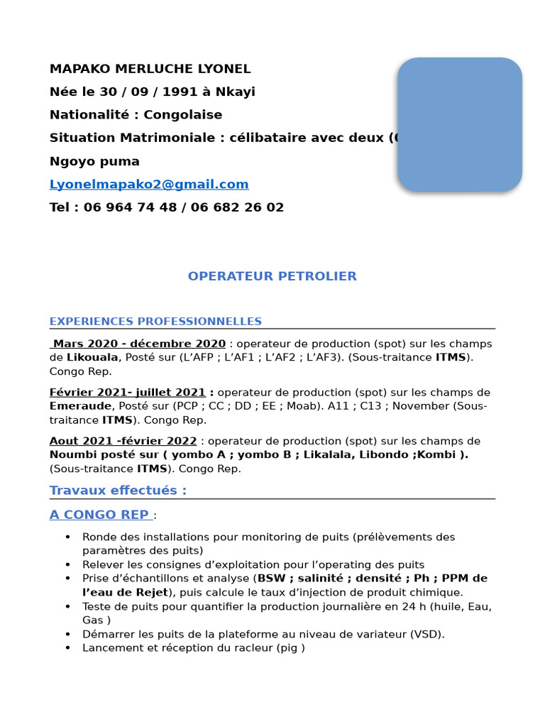CV de Lyonel Mapako, Opérateur Pétrolier | PDF