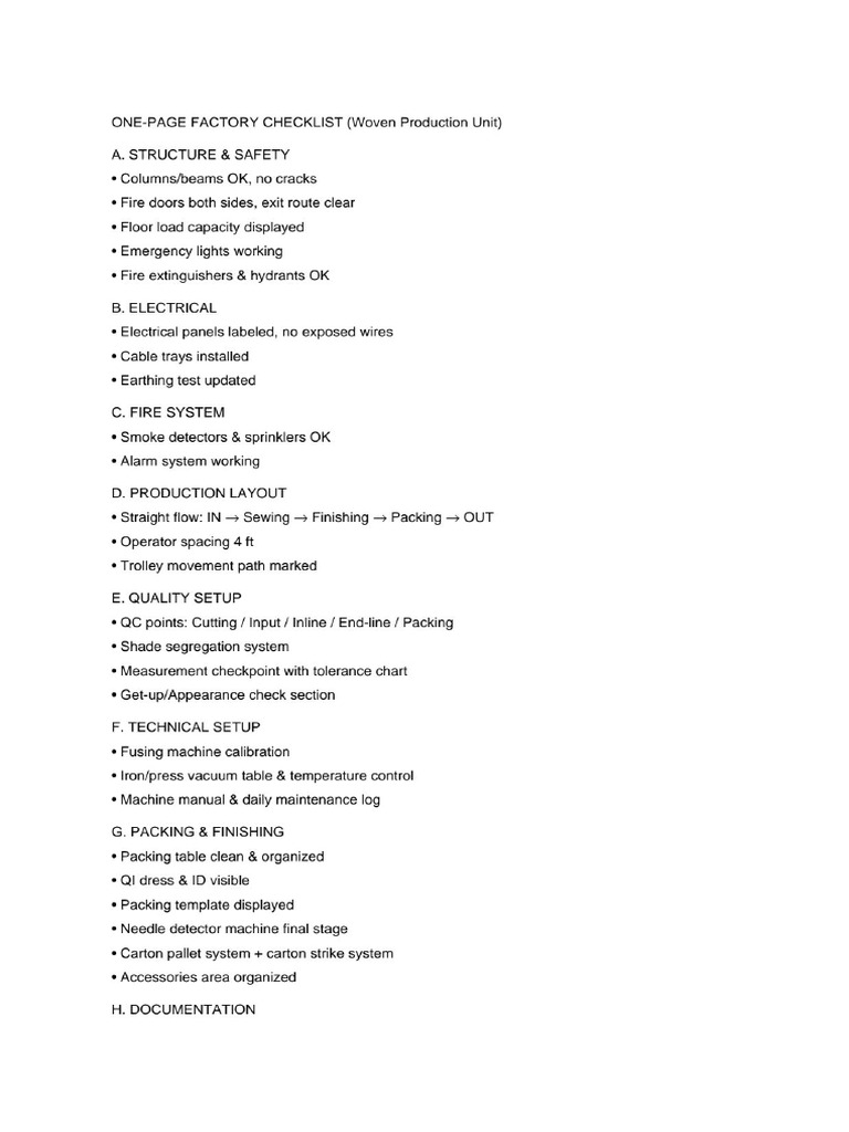 Factory Checklist One Page | PDF