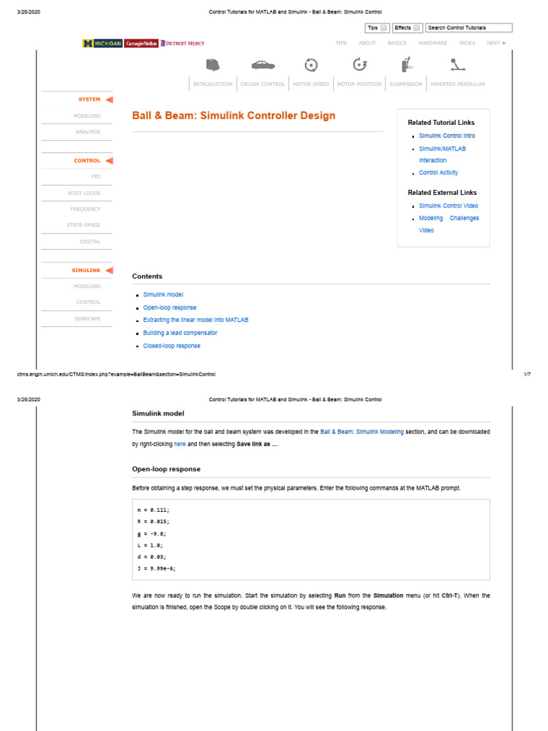 Simulink Control for Ball & Beam System | PDF | Matlab | Control Theory