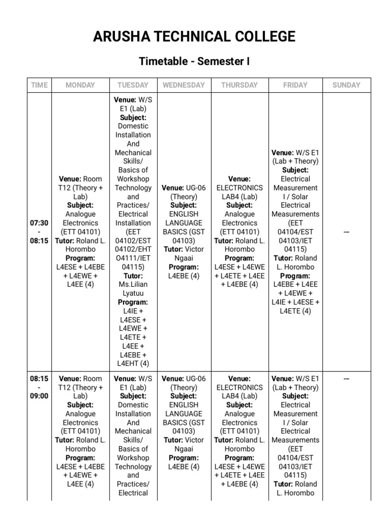 Timetable | PDF