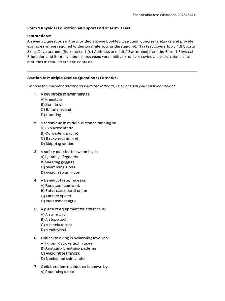 Form 1 PE Sports Skills Test Guide | PDF | Swimming | Swimming (Sport)