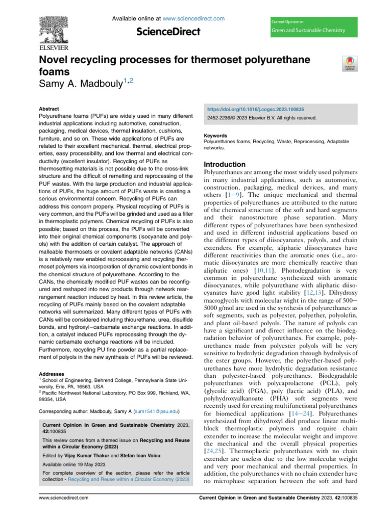 4 Novel Recycling Processes For Thermoset Polyurethane Foams | PDF ...