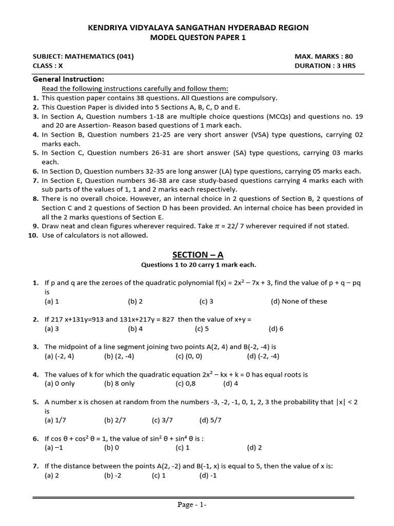Class X Mathematics Model Question Paper | PDF | Quadratic Equation ...