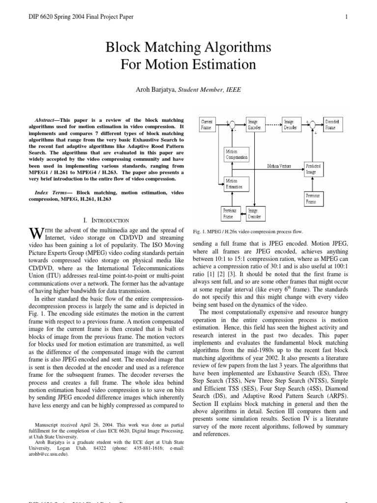 Block Matching Algorithms For Motion Estimation PDF Algorithms Media Technology