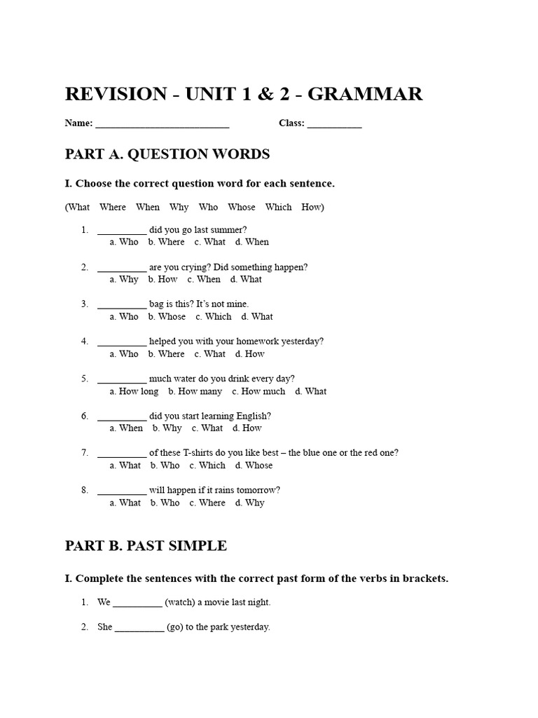 Grammar Revision: Units 1 & 2 Exercises | PDF | Linguistics ...