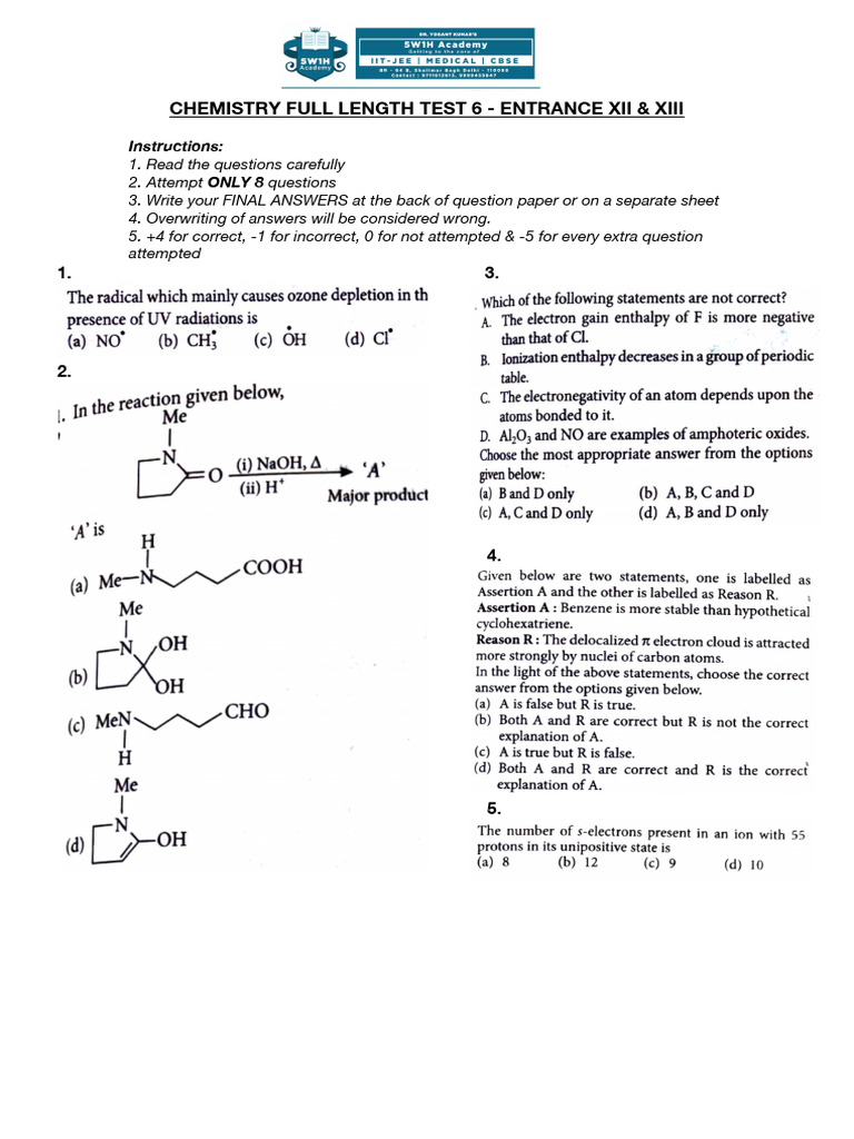 Chemistry Full Length Test 6... - 20251024192157 | PDF