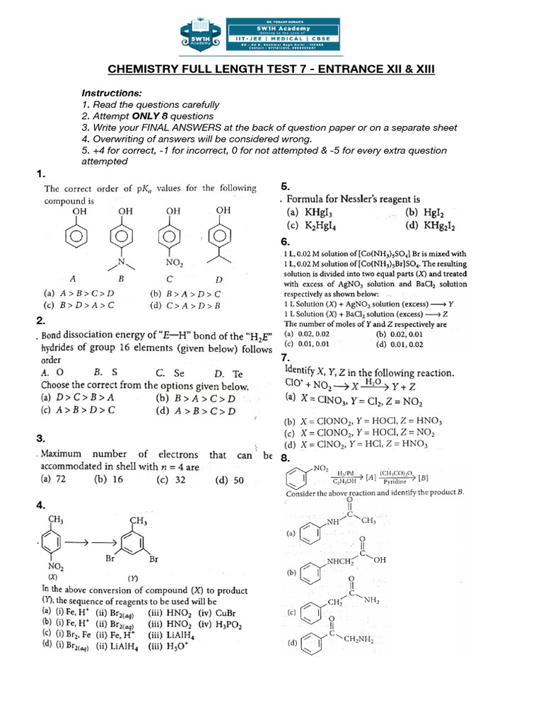 Chemistry Full Length Test 7. Docx-20251115005601 | PDF