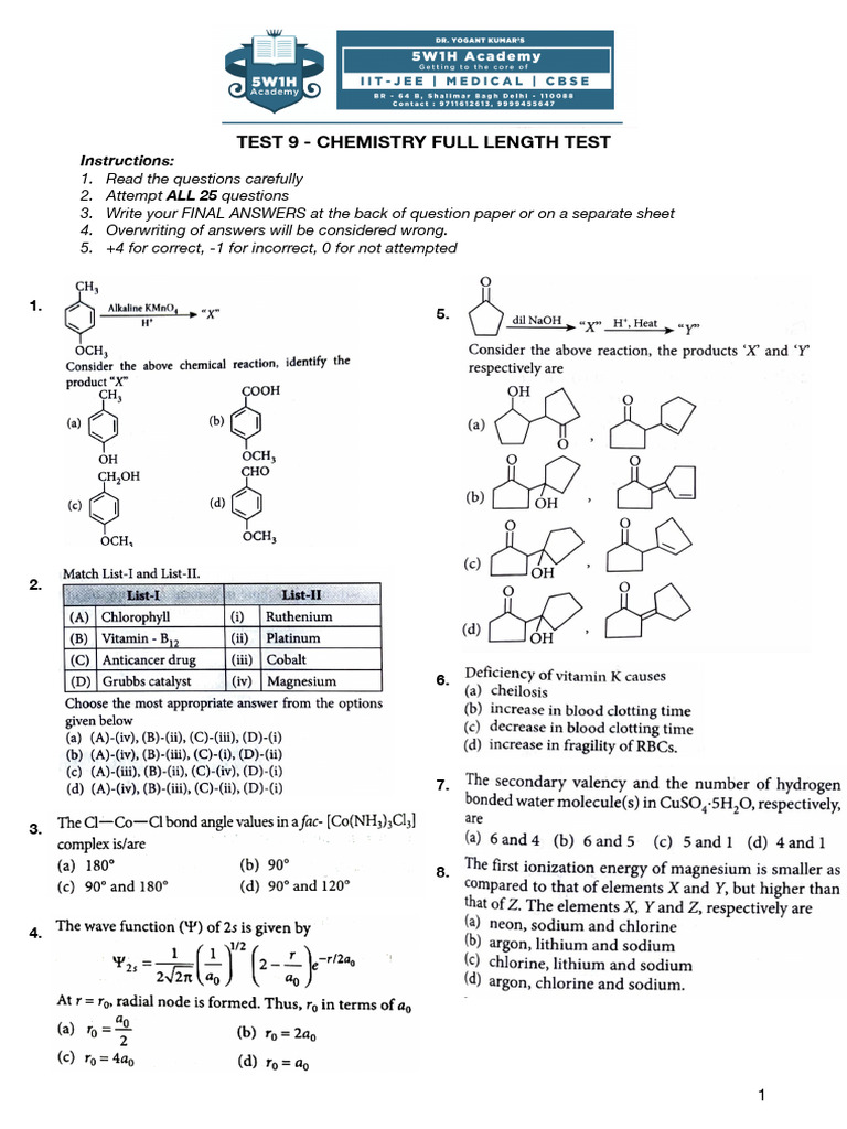 Chemistry Full Length Test Instructions | PDF
