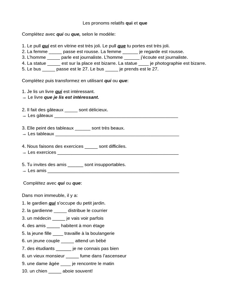 Exercices sur les pronoms relatifs "qui" et "que" | PDF