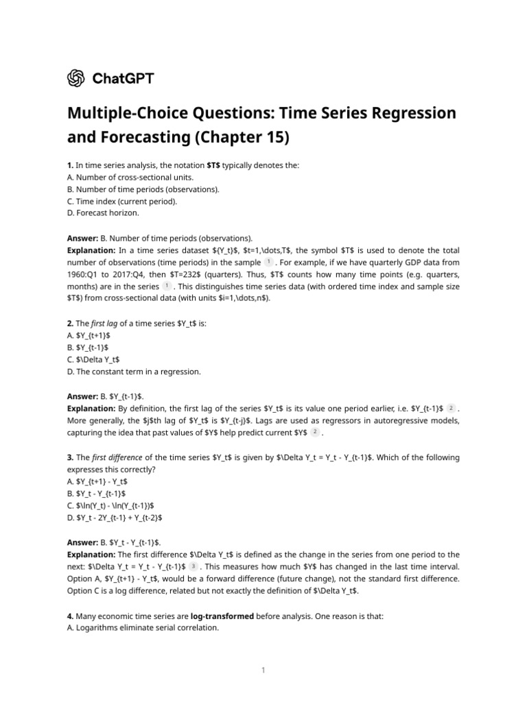 Time Series Regression MCQs Guide | PDF | Errors And Residuals | Time ...