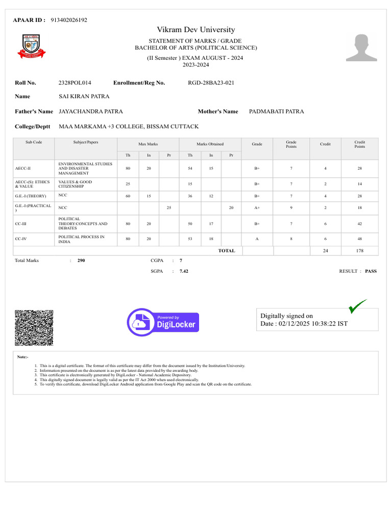 BA Political Science Marks Statement | PDF