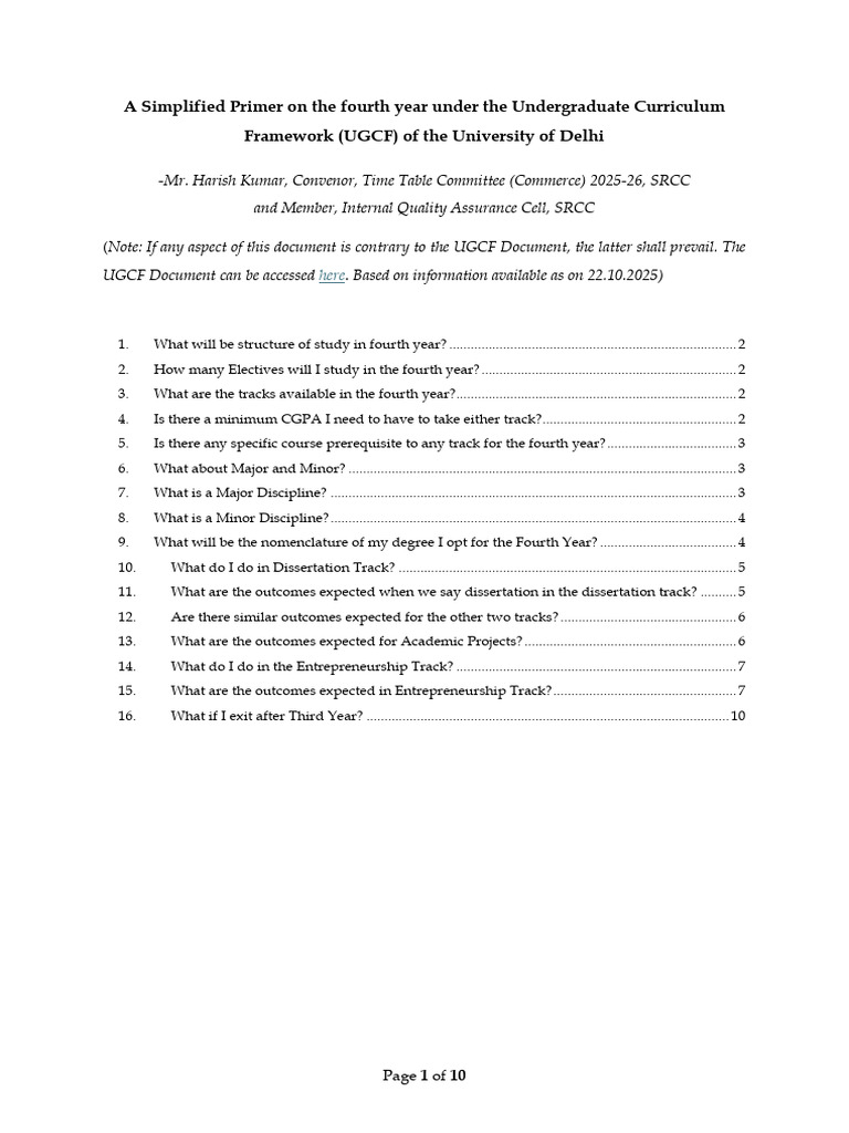 Fourth Year UGCF Guide: University of Delhi | PDF | Academic Degree ...