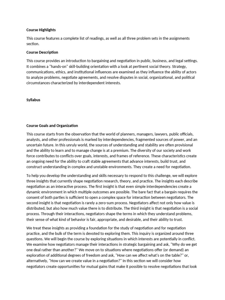 Negotiation Skills Course Overview | PDF | Negotiation | Liberal Arts ...