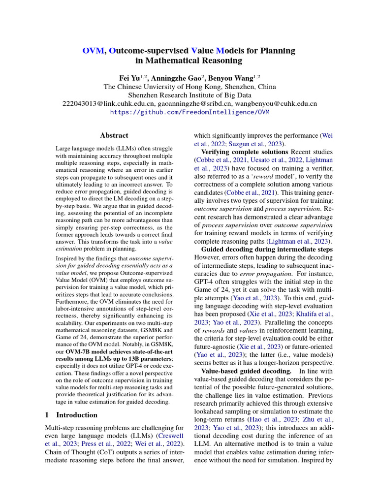 OVM, Outcome-supervised Value Models for Planning in Mathematical ...
