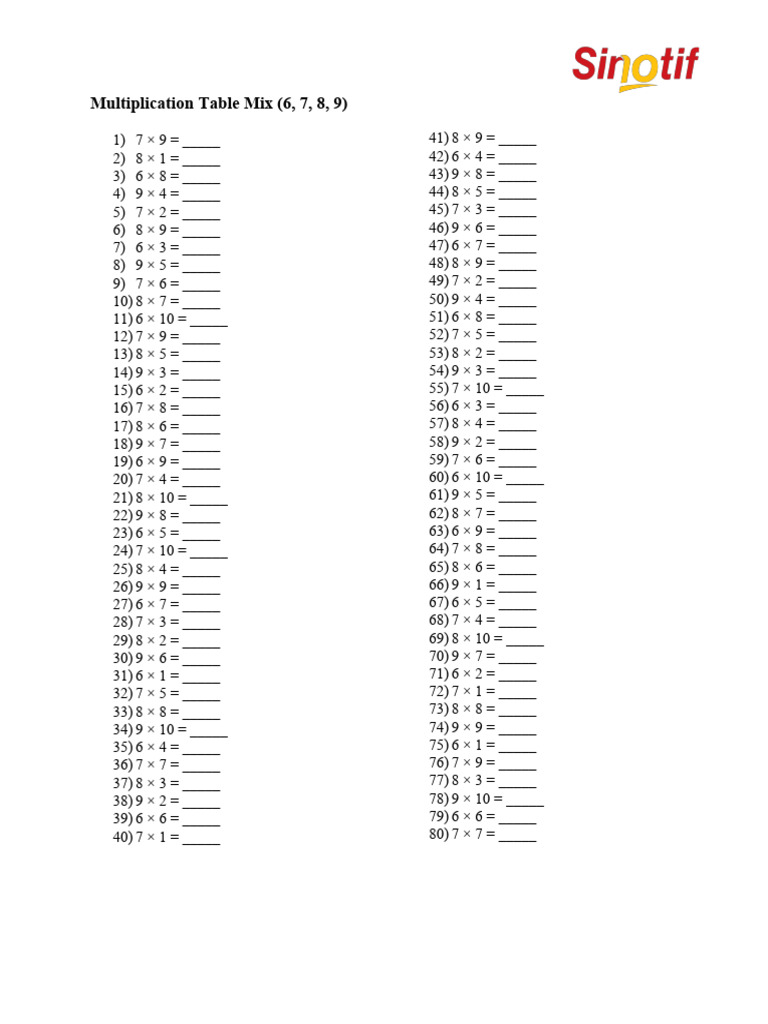 Multiplication Table for 6-9 | PDF