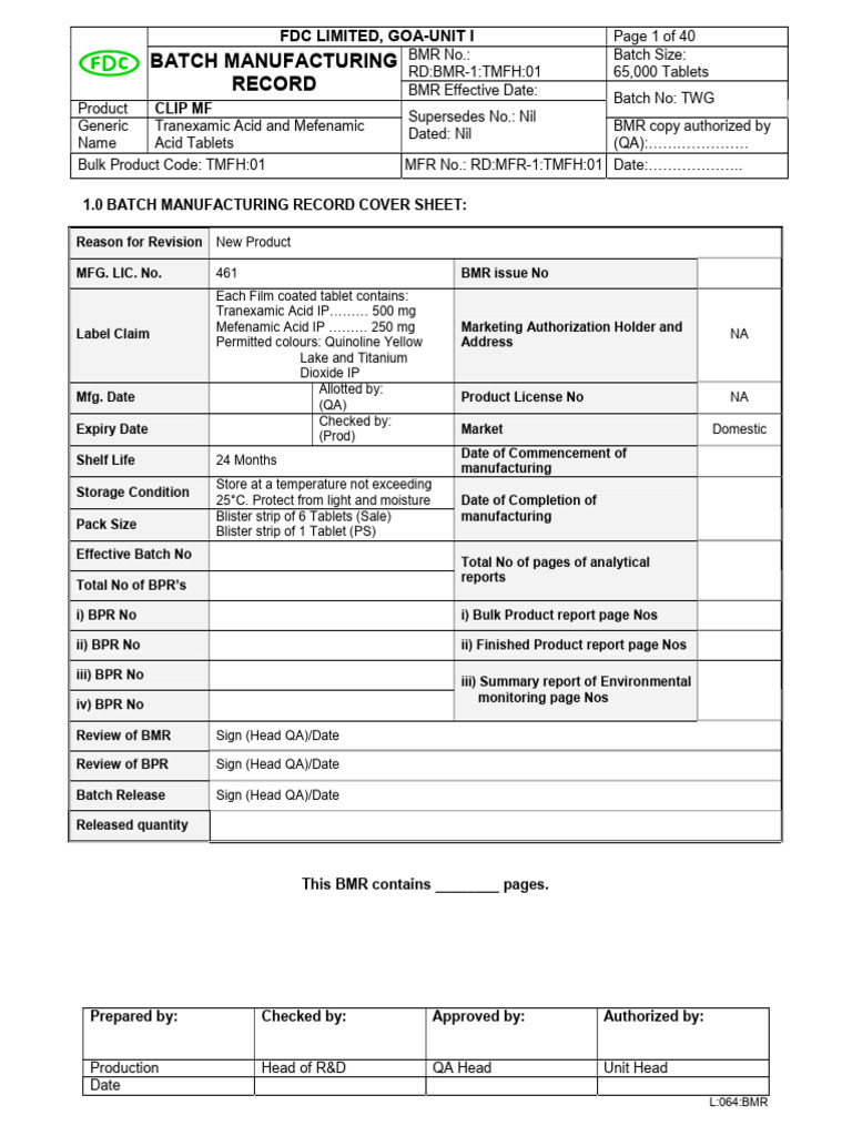 Batch Manufacturing Record for CLIP MF Tablets | PDF | Tablet (Pharmacy)