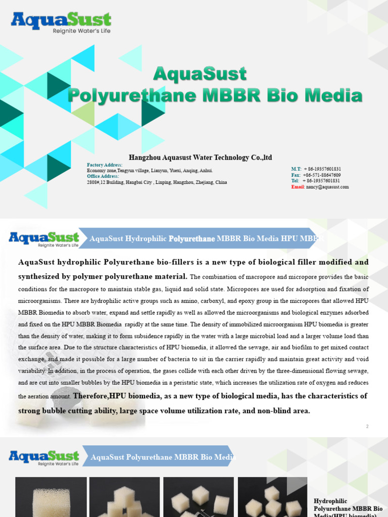 AquaSust Hydrophilic Polyurethane MBBR Bio Media | PDF | Adsorption | Water