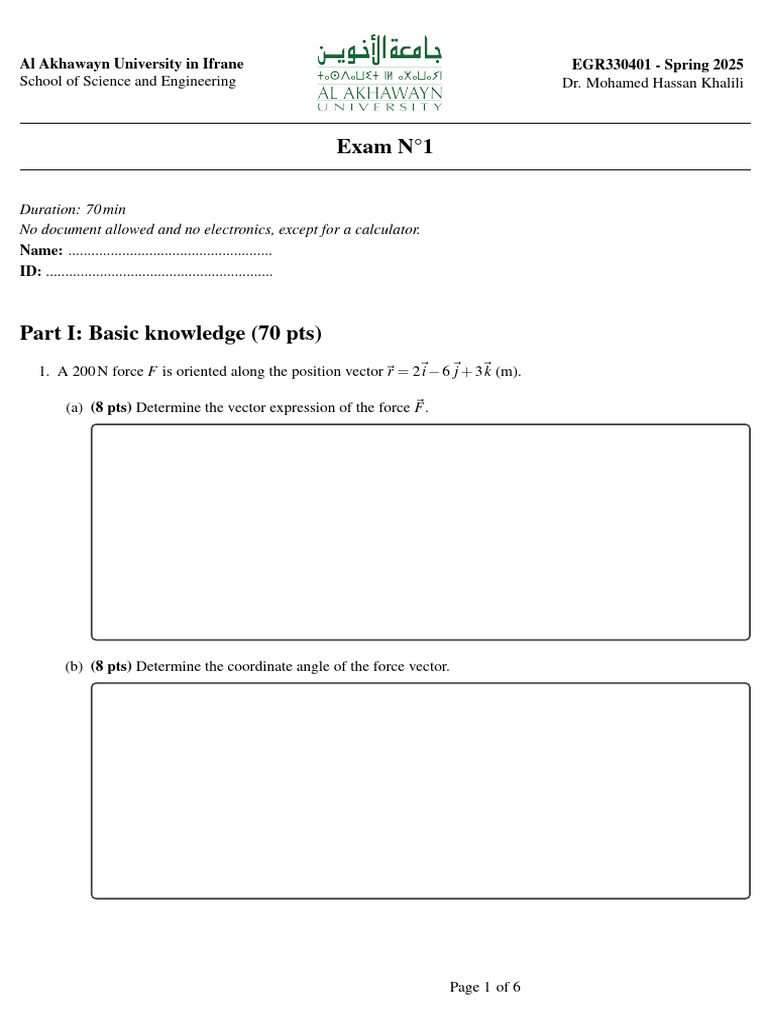EGR330401 Exam 1: Force and Moment Analysis | PDF | Force | Geometry