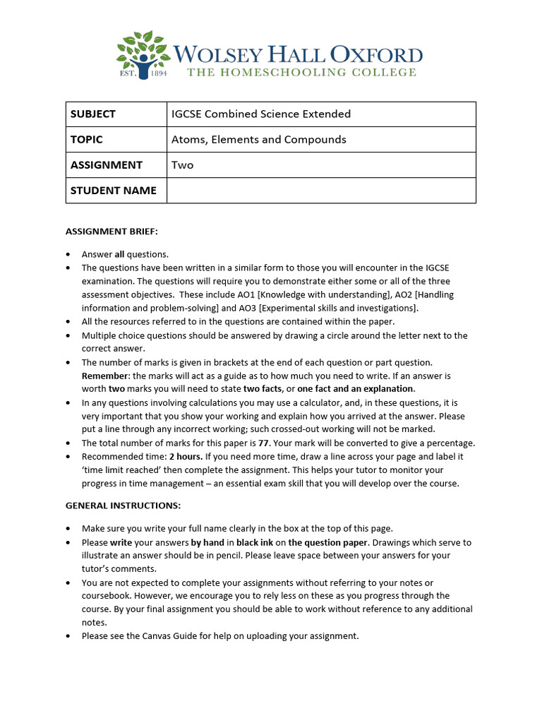 IGCSE Combined Science Assignment 2 | PDF | Chemical Elements | Atoms