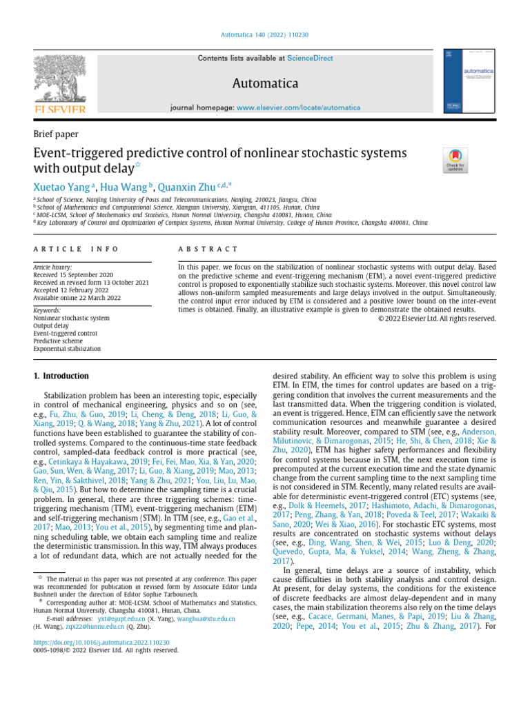 Event Triggered Predictive Control of Nonlinear Stochastic Syst 2022 ...