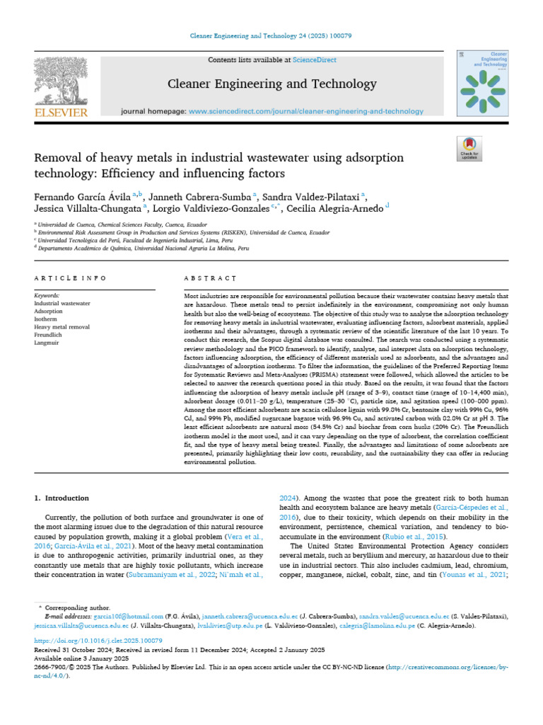 Heavy Metal Removal in Wastewater Adsorption | PDF | Adsorption ...