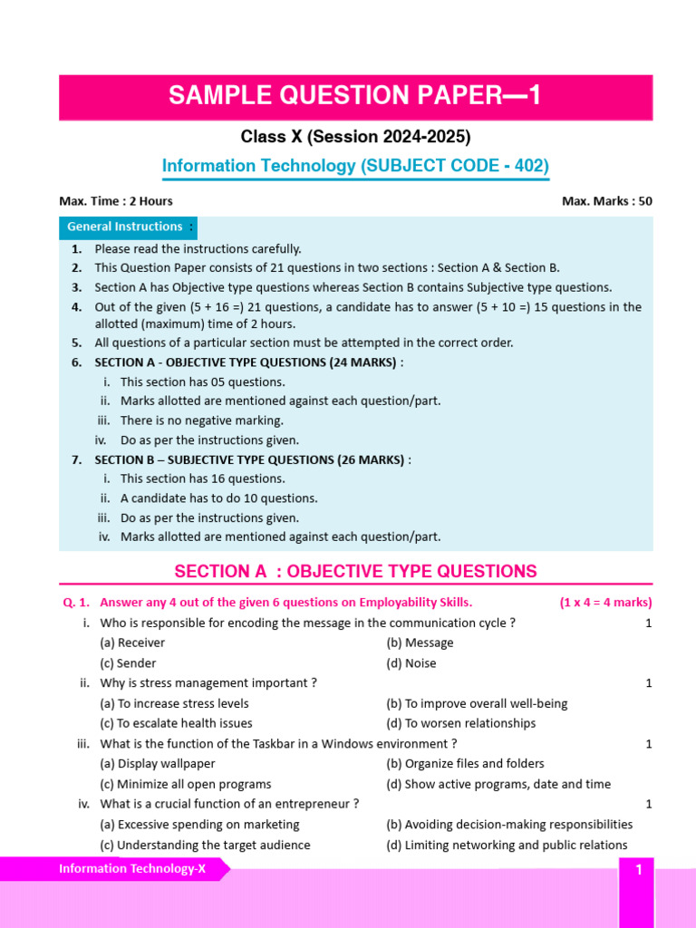 Class X IT Sample Question Paper 2024 | PDF | Databases | Relational ...