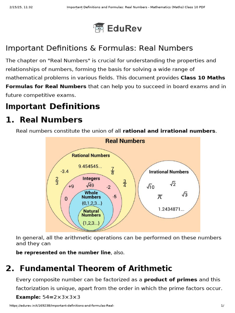 Class 10 Real Numbers Formulas PDF | PDF | Numbers | Prime Number