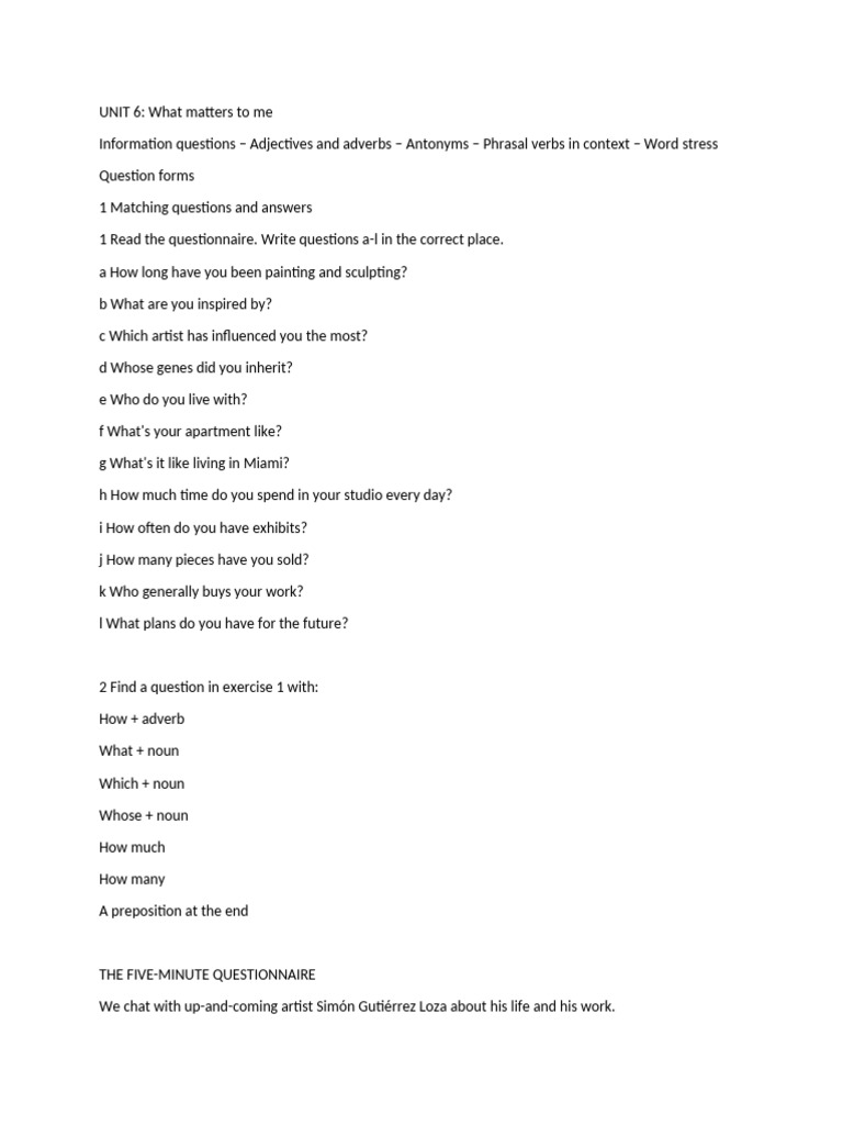 Artist Interview: Questions and Insights | PDF | Stress (Linguistics ...