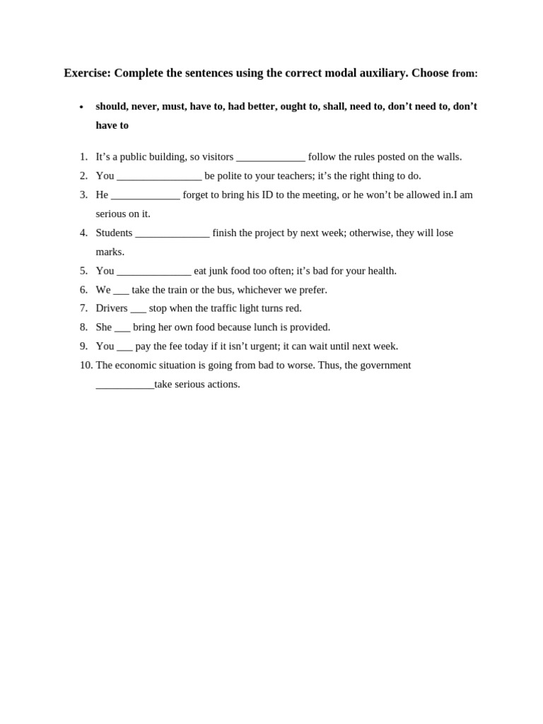 Modal Auxiliary Verbs Exercise | PDF