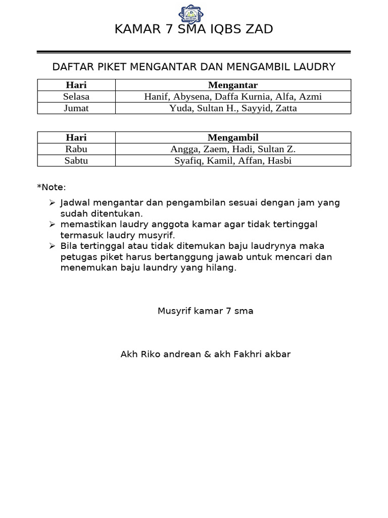 Daftar Piket Mengantar Dan Mengambil Laudry | PDF