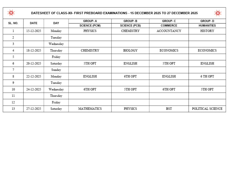 Class XII Preboard Exam Datesheet 2025 | PDF