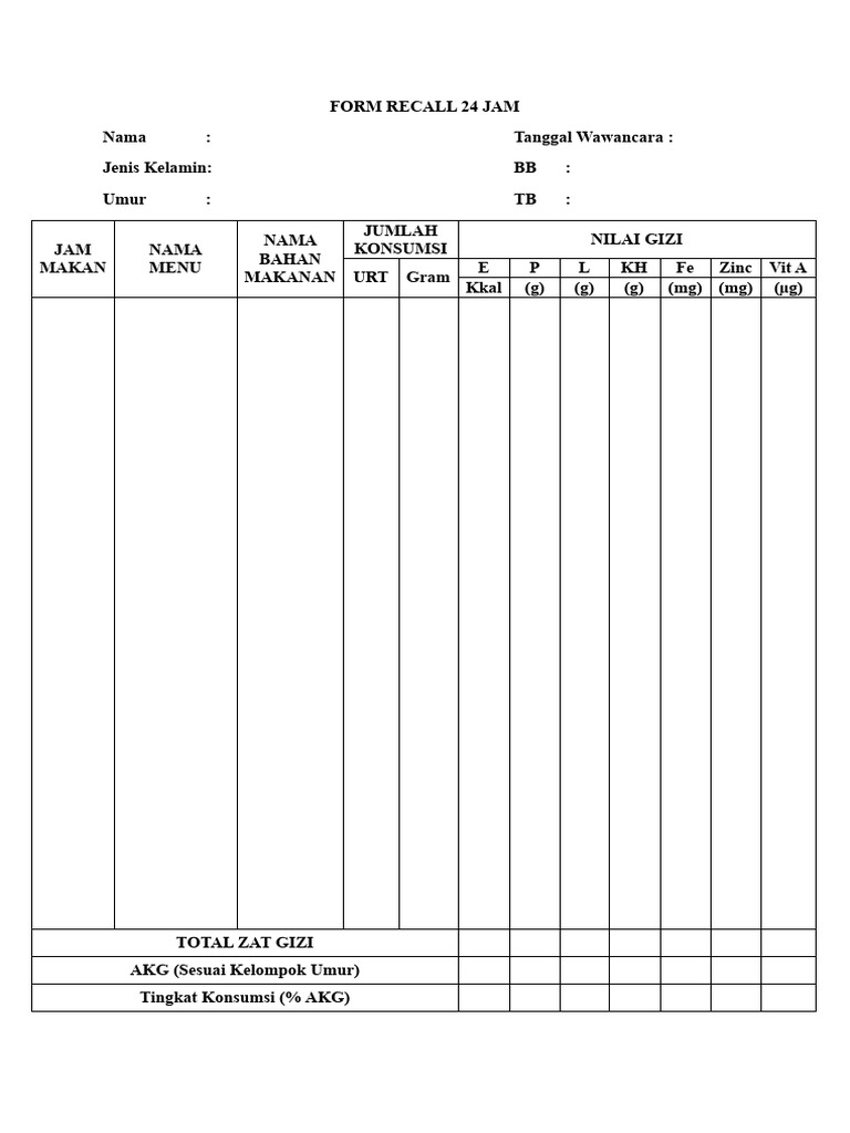Formulir Recall Makanan 24 Jam | PDF