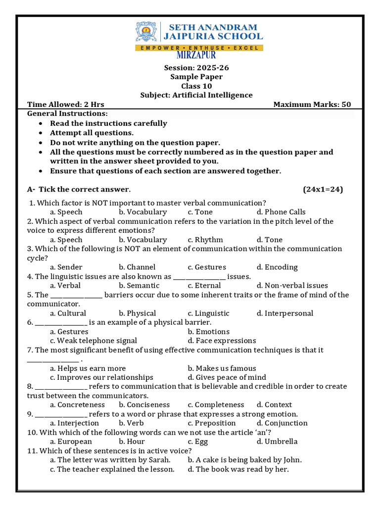 Class 10 AI Sample Paper 2025-26 | PDF | Communication | Artificial ...