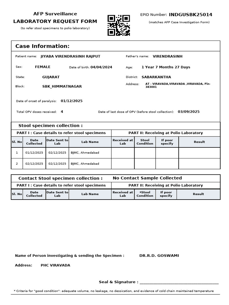 AFP Stool Specimen Referral Form | PDF | Vaccination | Medical Specialties