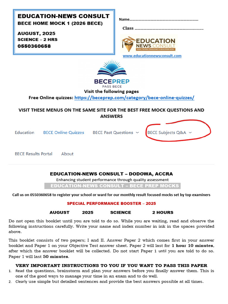 BECE Science Mock Exam Instructions | PDF | Experiment