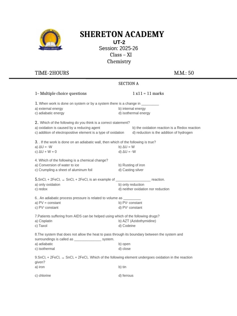 Class XI Chemistry Exam Paper 2025-26 | PDF | Mole (Unit) | Molecules