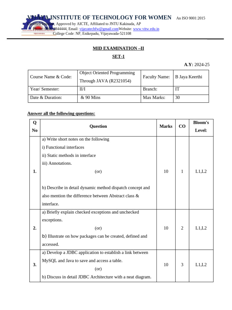 II IT JAVA Mid Question Paper Used For Reference | PDF | Class ...