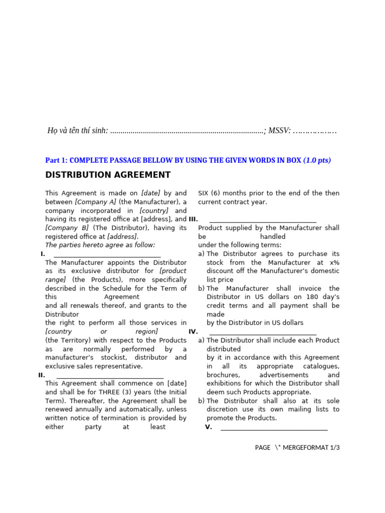 Distribution Agreement Template | PDF | Receipt | Justice