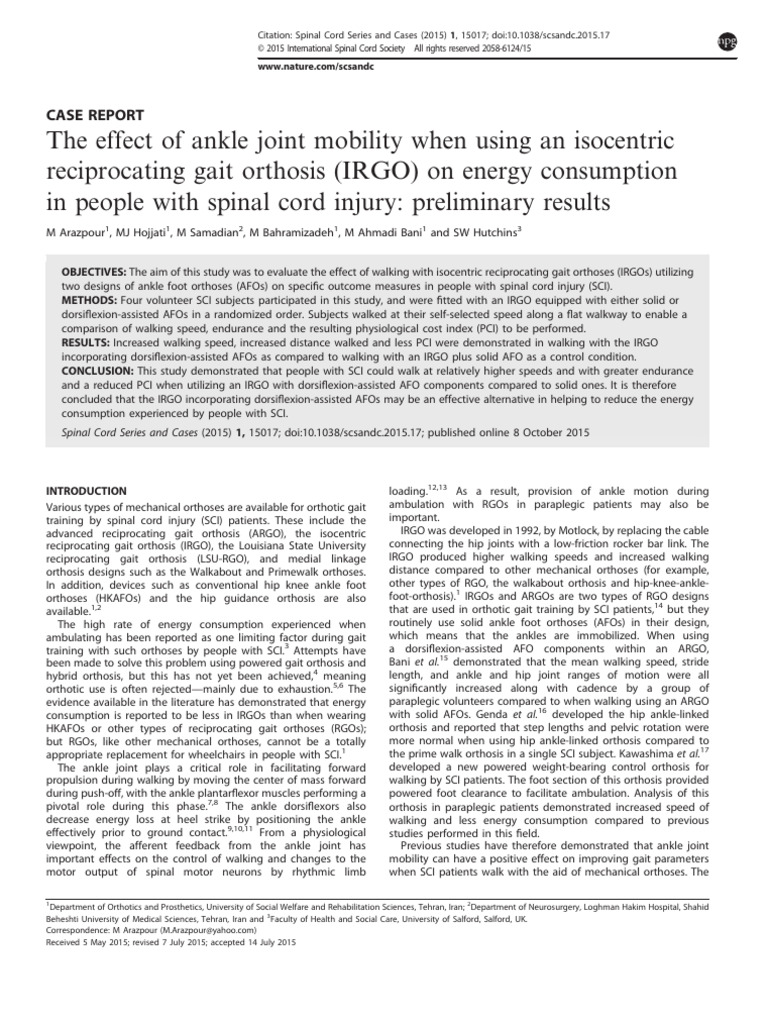 Ankle Mobility's Impact on Energy Use in SCI | PDF | Musculoskeletal System