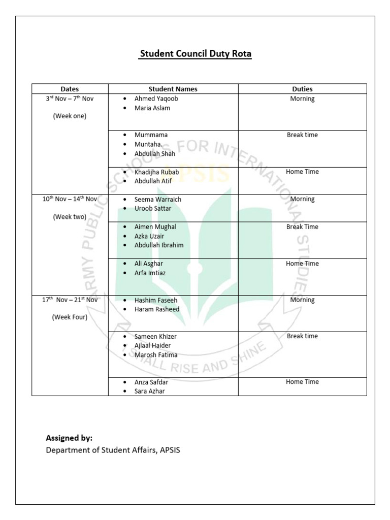 Student Council Duty Rota - November | PDF