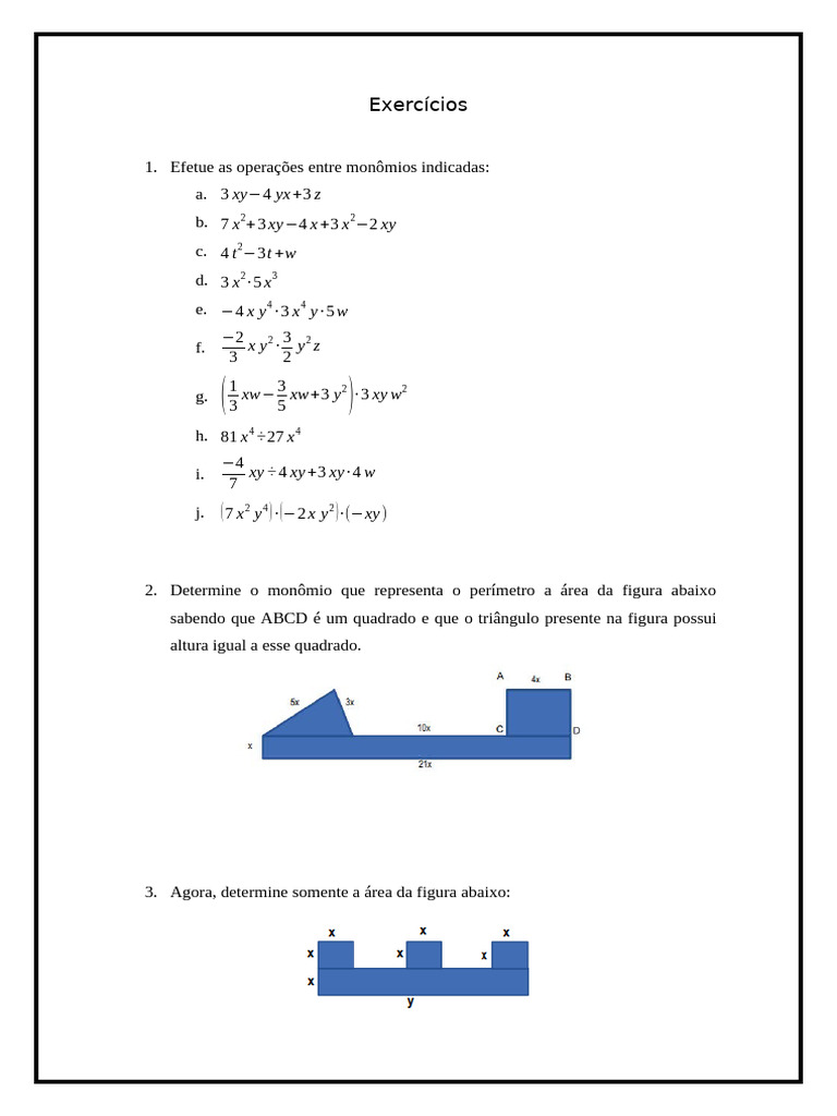 Exercícios de Monômios e Polinômios | PDF