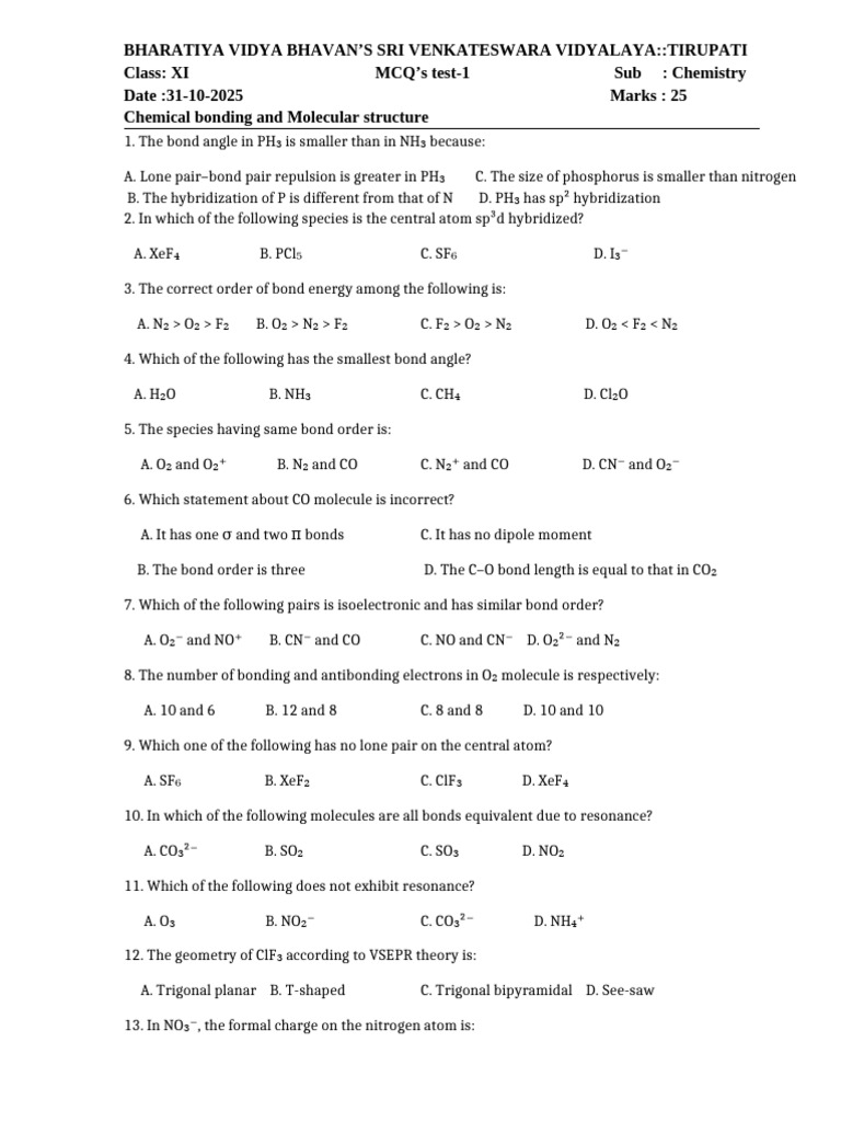 Chemistry MCQs for Class XI Students | PDF | Chemical Bond | Phases Of ...