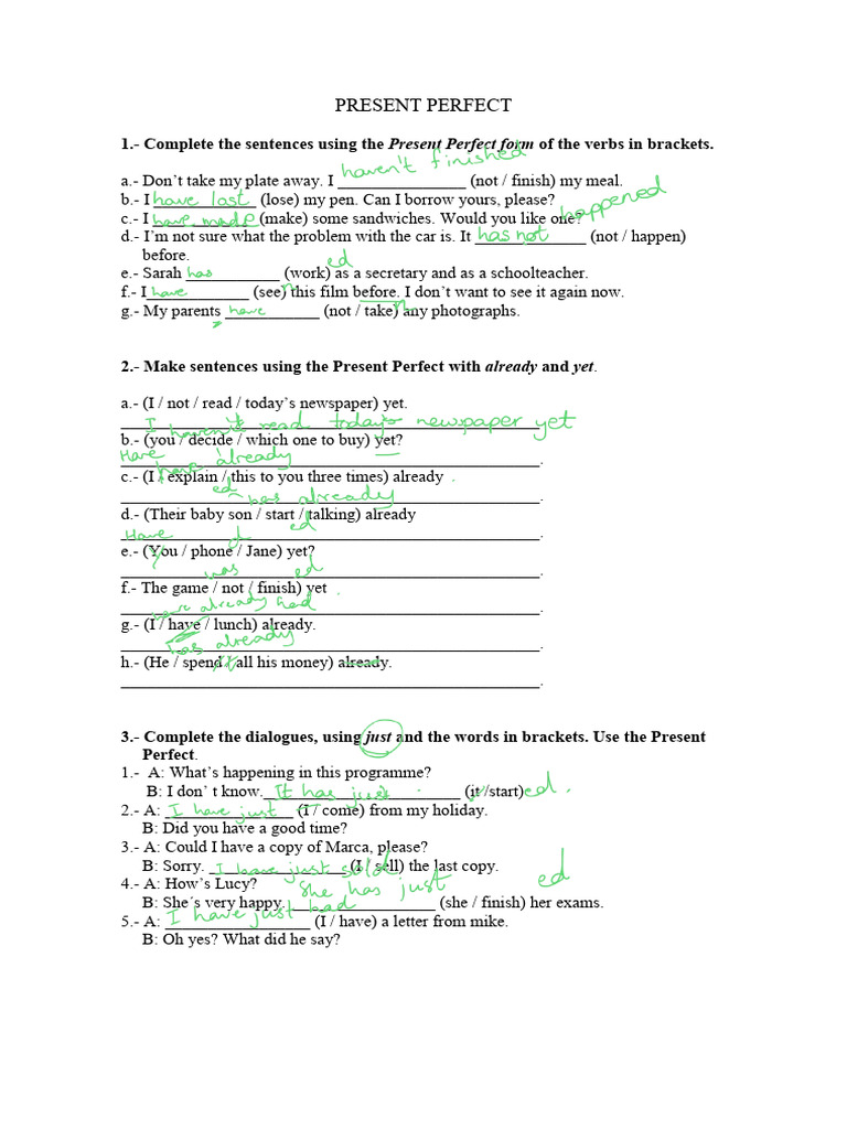 Present Perfect Just Already Yet | PDF