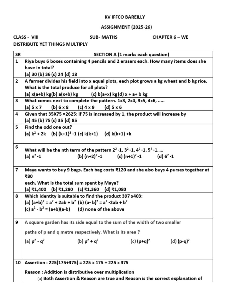 Class 8 Maths Assignment on Distributive Property | PDF | Mathematics