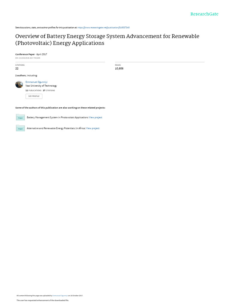 Battery Storage for Renewable Energy | PDF | Energy Storage ...